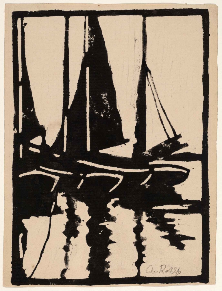 Black and white abstract woodcut of sailboats in a harbor by Christian Rohlfs, using bold lines and sharp contrasts in an expressionist style.