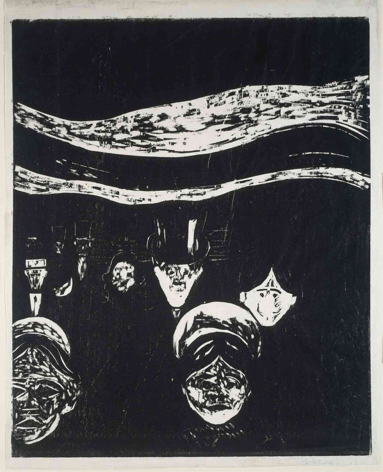 Edvard Munch’s 1896 woodcut Anxiety shows a cluster of distorted white faces emerging from a pitch-black field, beneath two undulating white bands suggestive of a restless sky or sea.