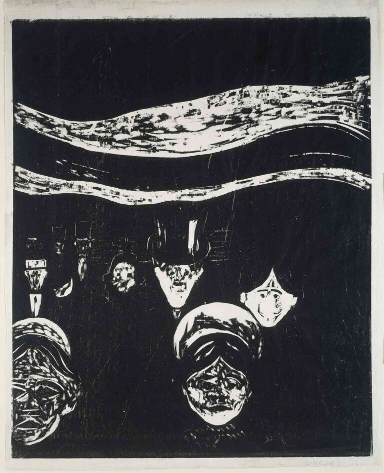 Edvard Munch’s 1896 woodcut Anxiety shows a cluster of distorted white faces emerging from a pitch-black field, beneath two undulating white bands suggestive of a restless sky or sea.