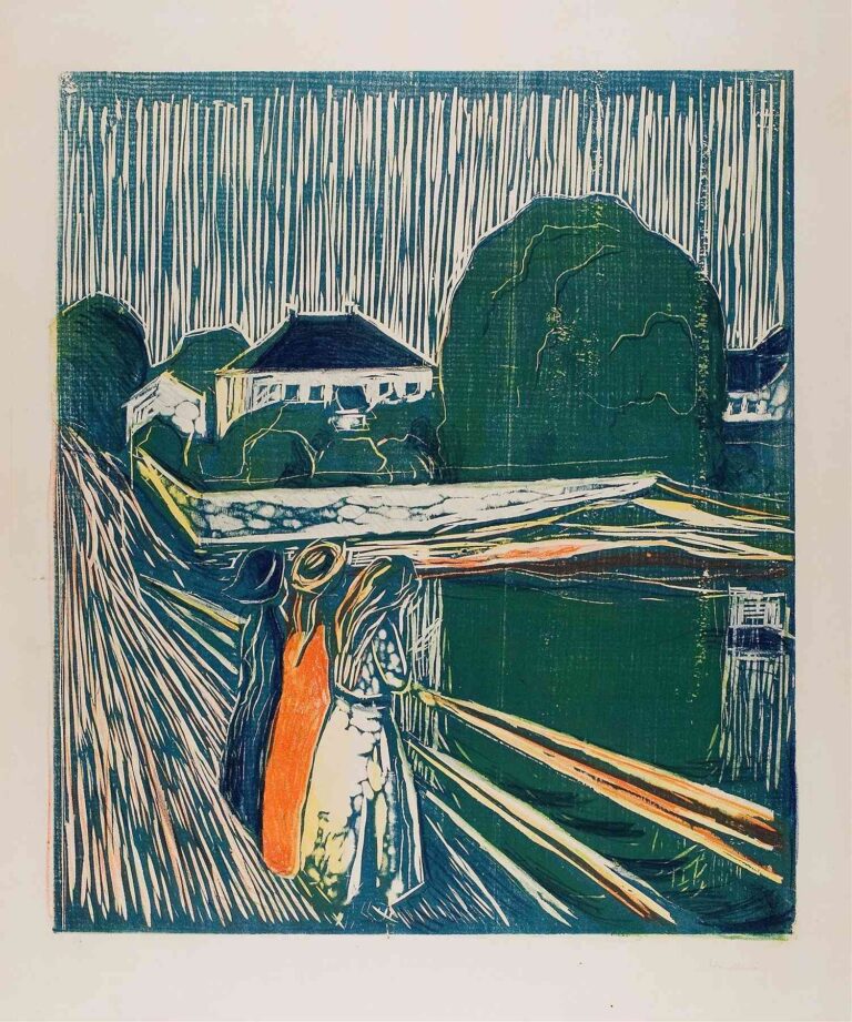 Edvard Munch’s 1918 woodcut The Girls on the Bridge shows two young women—one in black, seated, and one in orange, standing—leaning over a diagonal wooden railing above emerald-green water and beneath a deep blue sky.