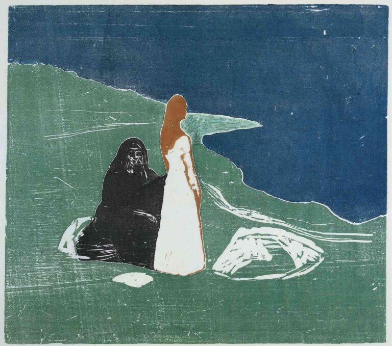 Edvard Munch’s Two Women on the Shore (1898) color woodcut shows one woman seated in black, her head bowed, and another standing in white facing the sea, set against flat fields of green shoreline and deep blue sky.