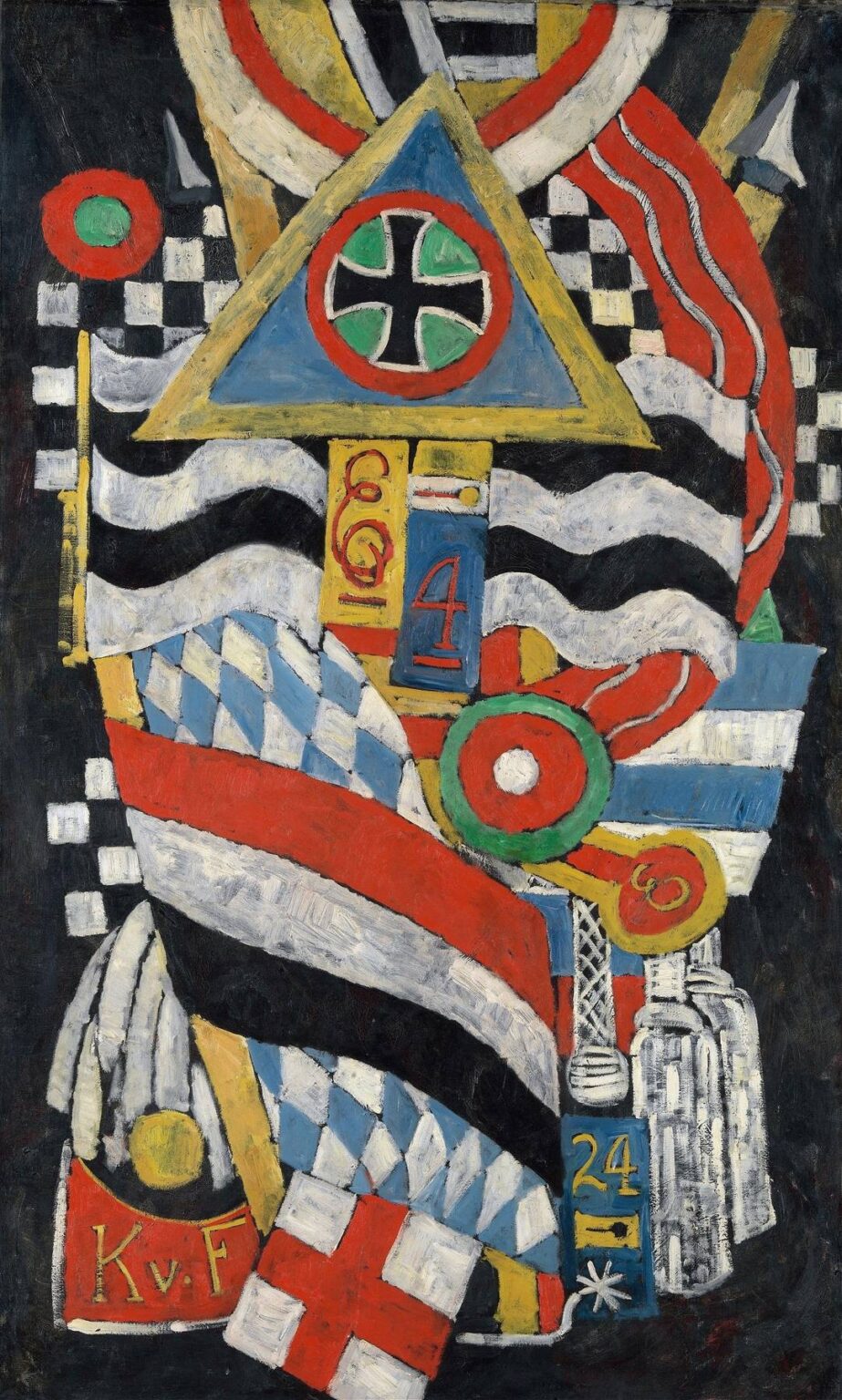 An abstract modernist painting by Marsden Hartley titled “Portrait of a German Officer”, featuring a dense collage of military symbols, flags, numbers, and crosses in red, black, white, blue, and gold, symbolizing a tribute to a fallen German officer.