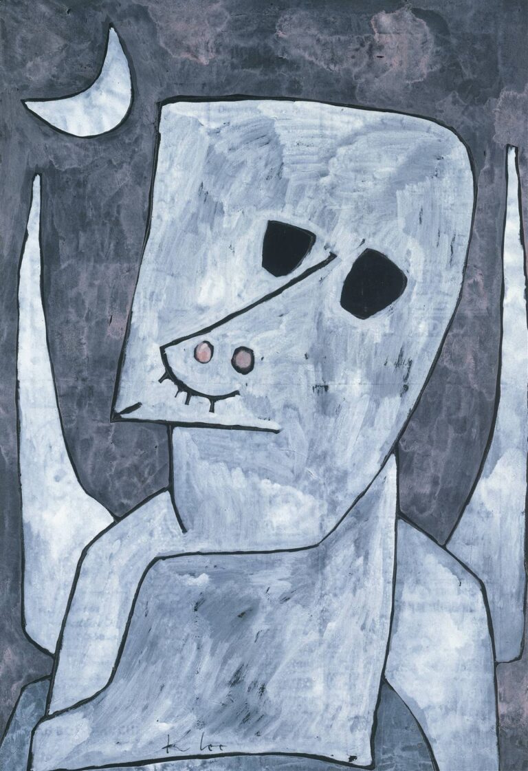 An abstract gray-toned painting by Paul Klee titled “Angel Applicant” depicting a ghostly, block-shaped figure with black eyes, faint wings, and a crescent moon in the background, symbolizing a spiritual being in transition.