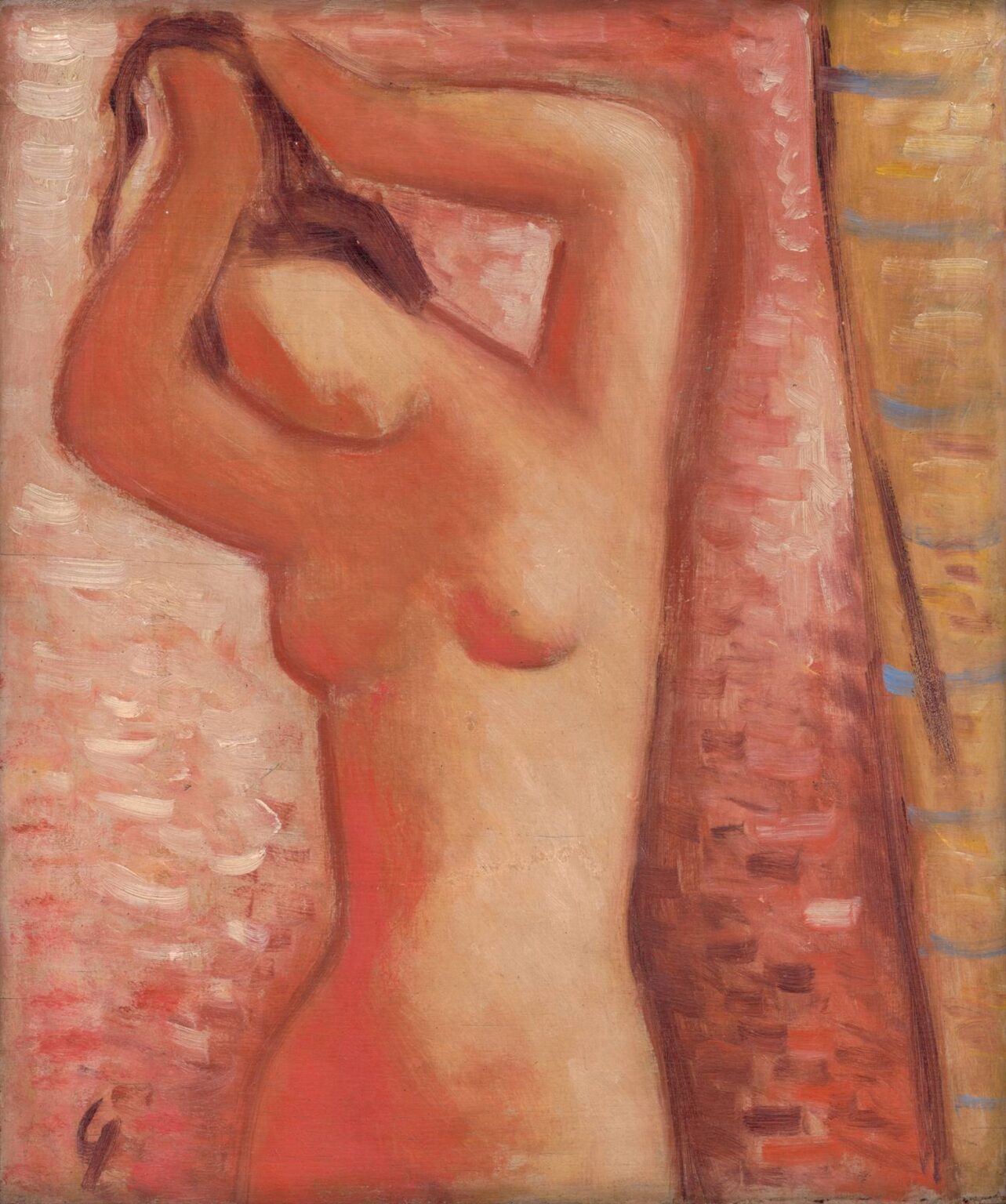 A modernist painting by Mikuláš Galanda titled “After Bath”, depicting a nude female figure in soft pink and red tones, raising her arms to fix her hair, surrounded by a warm abstract background suggestive of intimacy and solitude.