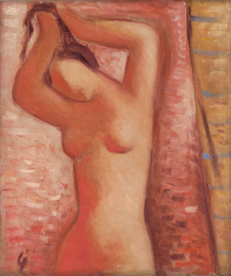 A modernist painting by Mikuláš Galanda titled “After Bath”, depicting a nude female figure in soft pink and red tones, raising her arms to fix her hair, surrounded by a warm abstract background suggestive of intimacy and solitude.