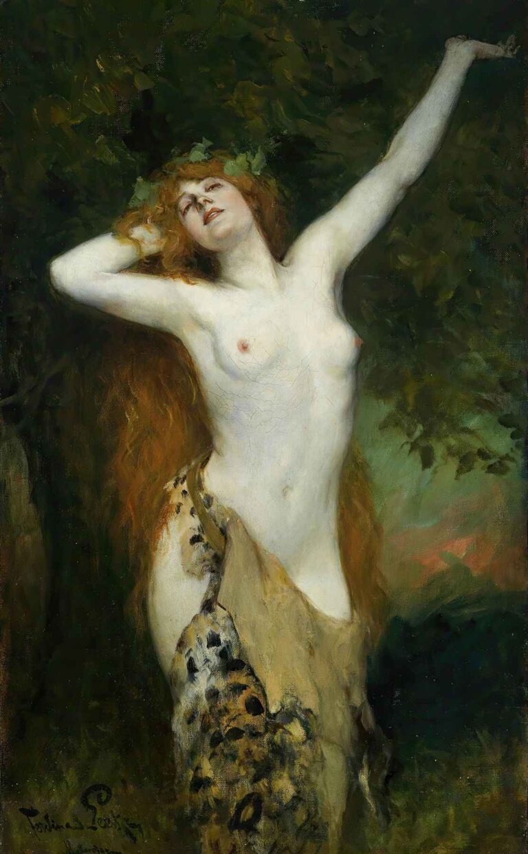 A Symbolist painting by Ferdinand Leeke depicting a red-haired nude woman with a crown of ivy, draped in leopard skin, standing in a forest with arms raised in ecstatic abandon.