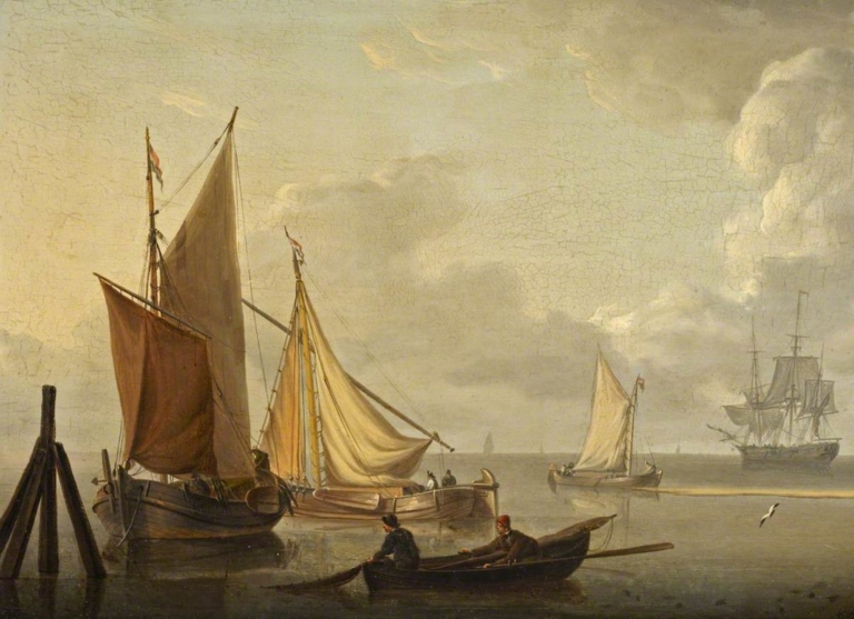 Painting "Shipping in a Calm" by Charles Martin Powell. Several sailing vessels rest on calm waters under a soft, cloudy sky. In the foreground, two men row a small boat, while larger ships with furled sails and tall masts float peacefully in the distance. The still sea reflects the ships, creating a tranquil maritime scene with muted tones and subtle light.