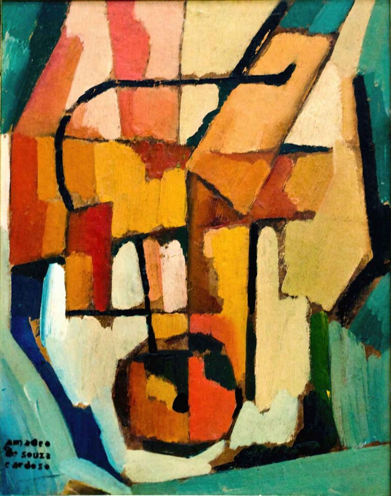 A burst of overlapping geometric planes in ochre, coral, jade, and turquoise, bound by sweeping black lines; a rounded vessel form emerges at center amid abstracted floral shapes.