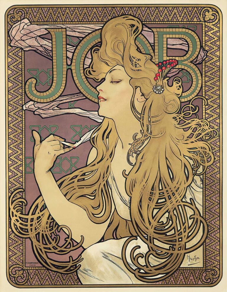 Art Nouveau poster by Alphonse Mucha: a graceful woman in profile with long, flowing golden hair holds a lit cigarette, set against a geometric mosaic background framed by ornate tile-like borders and the bold letters “JOB” at the top.