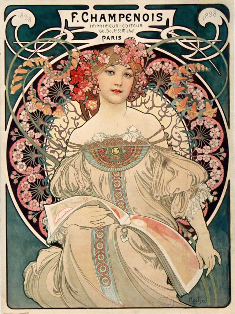 Art Nouveau poster showing a serene young woman in flowing robes and a wreath of pink blossoms, holding an open catalog before a circular panel of stylized flowers and vines, with the text “F. Champenois Imprimeur‐Éditeur 66, Boul. St Michel, Paris 1898” integrated into decorative borders.