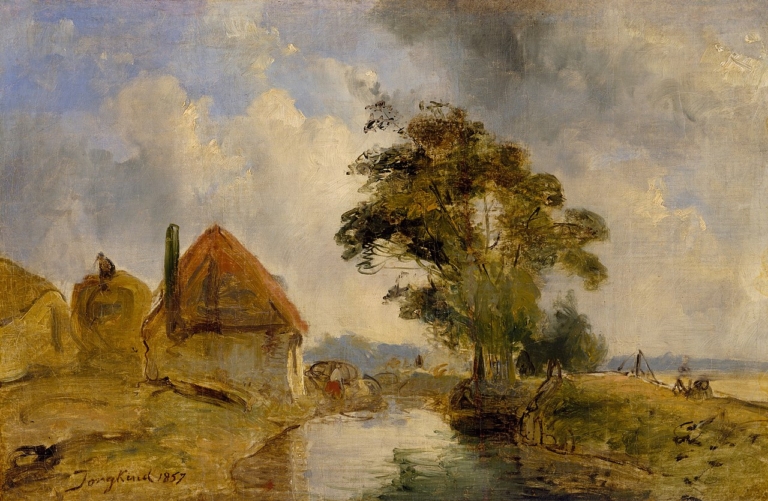 Painting "Environs of Breda" (1857) by Johan Barthold Jongkind. A peaceful Dutch countryside scene with a small farmhouse featuring a red roof, tall trees by a calm river, and distant fields under a luminous sky with soft clouds. Loose, expressive brushstrokes capture the atmospheric light and tranquil mood of the rural landscape.