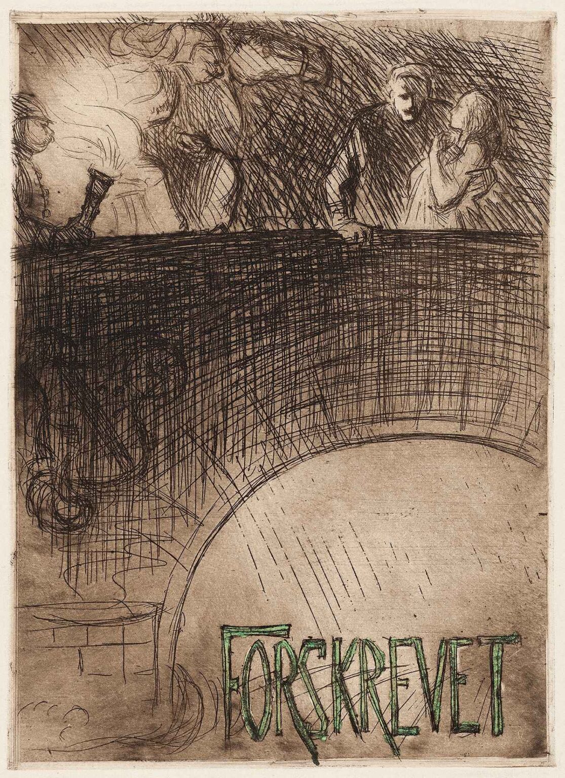 Black-and-white etching showing a large dark archway beneath four ghostly figures leaning over its rim, with the word “Forskrevet” etched in green-toned letters at the bottom.