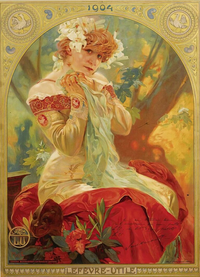 Art Nouveau poster showing Sarah Bernhardt in profile, draped in ivory and red robes adorned with lilies, clutching a diaphanous scarf, set against a glowing forest backdrop with decorative gold borders and the “LU” biscuit logo at the bottom.