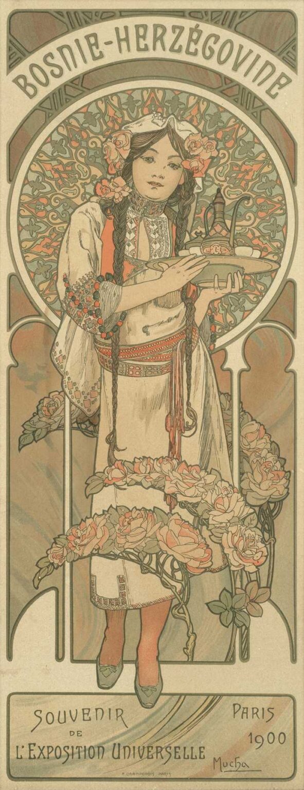 Art Nouveau poster showing a braided young woman in embroidered Bosnian costume holding a tray of coffee vessels, set against a circular, intricate floral-geometric background and arching title “Bosnie-Herzégovine.”