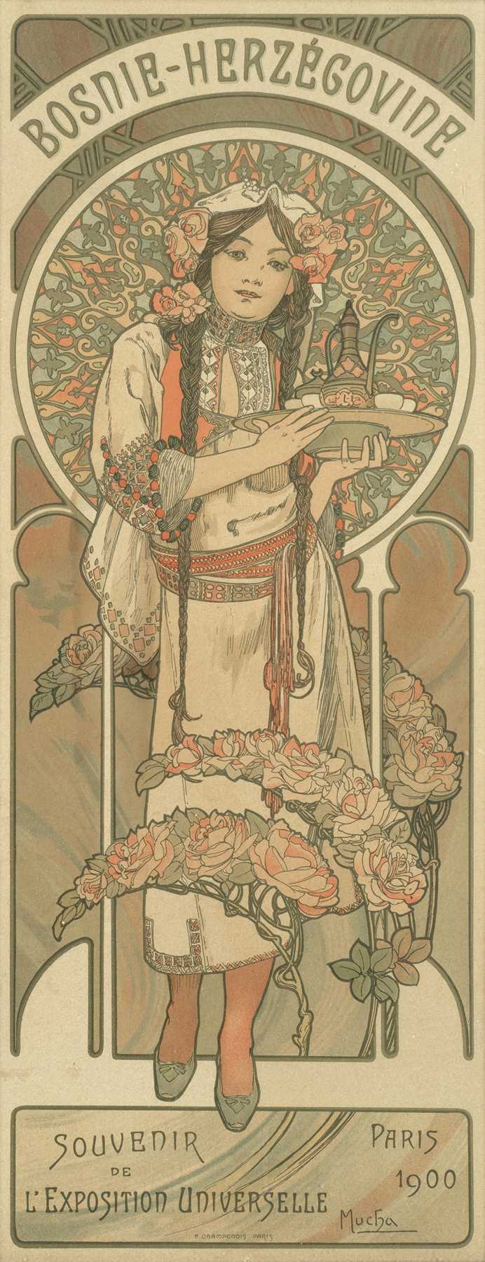 Art Nouveau poster showing a braided young woman in embroidered Bosnian costume holding a tray of coffee vessels, set against a circular, intricate floral-geometric background and arching title “Bosnie-Herzégovine.”