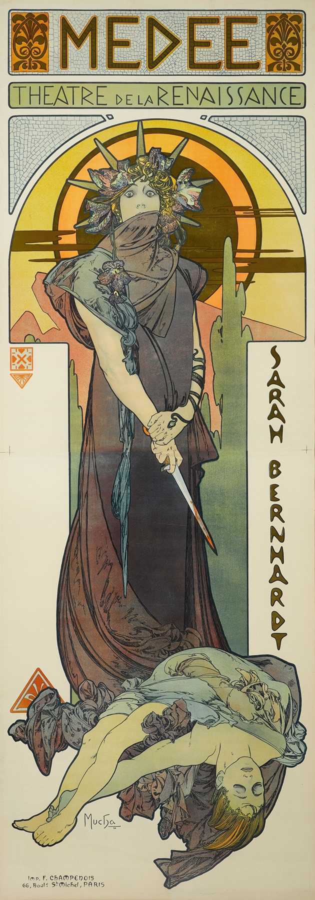 Art Nouveau poster showing Sarah Bernhardt as Médée: a veiled woman wearing a floral-spiked wreath and holding a blood-tipped dagger, set before a glowing circular halo and lush vine pattern, with “MÉDÉE” above and theatre credits below.