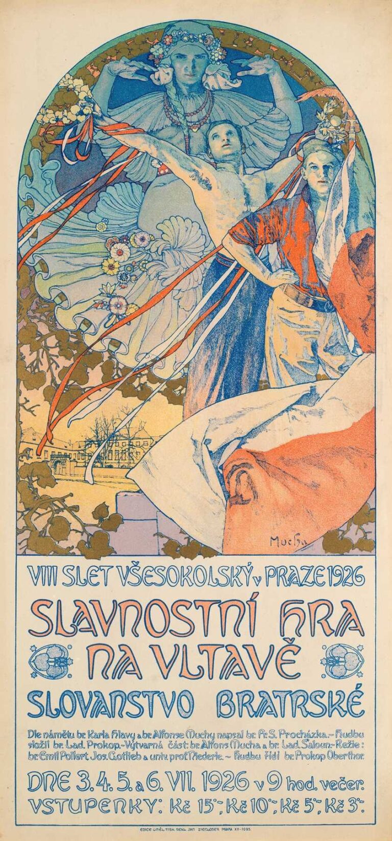 Art Nouveau poster showing gymnasts forming a human pyramid on a riverbank, one holding the Czechoslovak flag, with a wreath-crowned allegorical woman behind them, red-white-blue ribbons swirling around and Slavic‐style lettering announcing the 1926 Sokol festival.