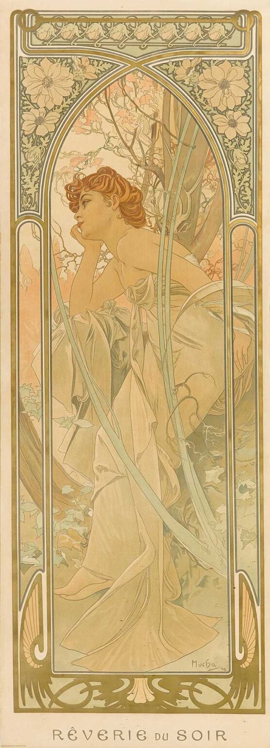 Art Nouveau poster showing a young red-haired woman draped in a pale gown, leaning her head on her hand beneath a flowering branch, surrounded by an ornate frame of stylized blossoms and curling vines against a dusky sky.