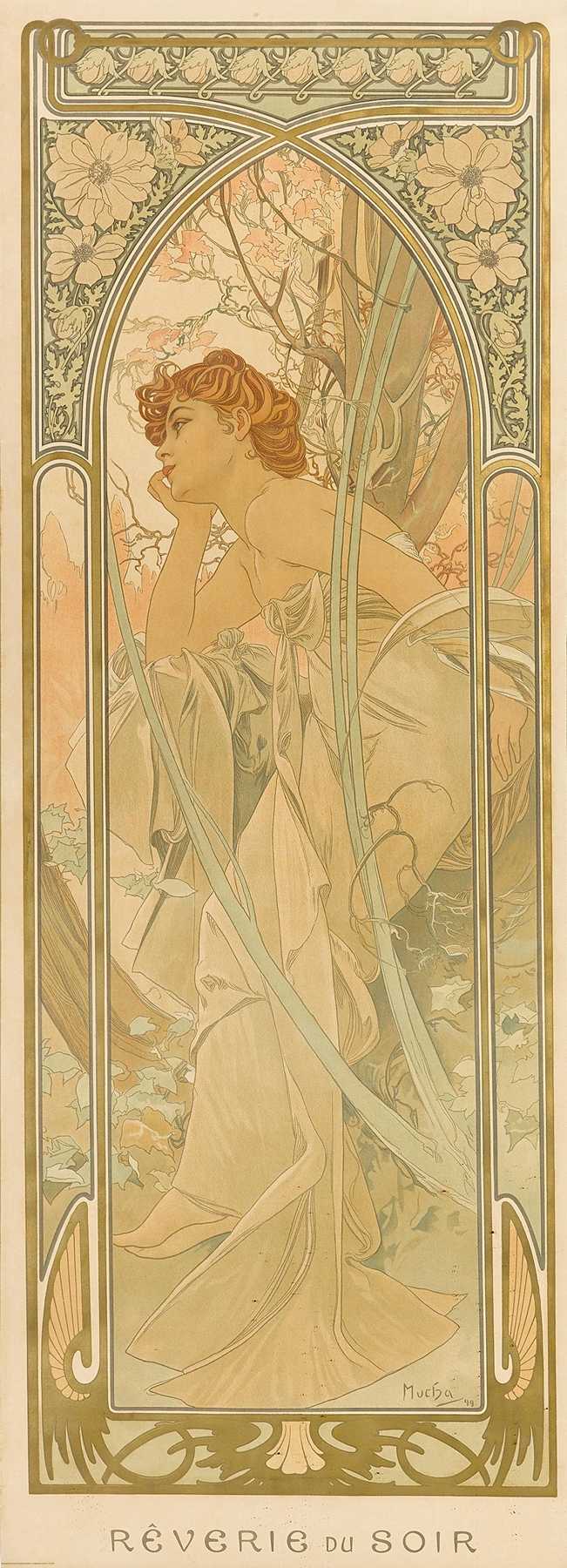 Art Nouveau poster showing a young red-haired woman draped in a pale gown, leaning her head on her hand beneath a flowering branch, surrounded by an ornate frame of stylized blossoms and curling vines against a dusky sky.