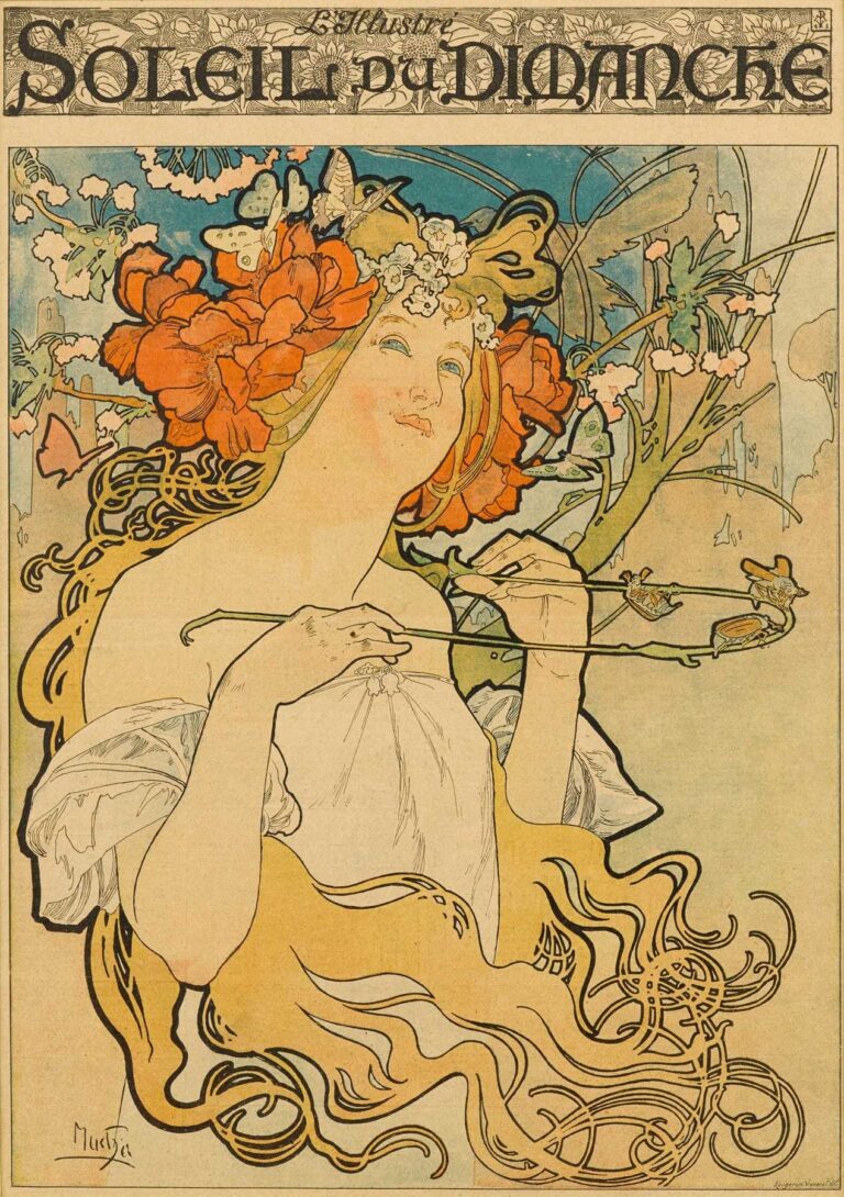 Art Nouveau poster showing a young woman crowned with red poppies and white primroses, holding a slender blooming branch; her golden hair and ivory gown swirl in decorative whiplash curves against a glowing pastel sky, framed by a border of stylized poppy motifs above the title “Soleil du Dimanche.”