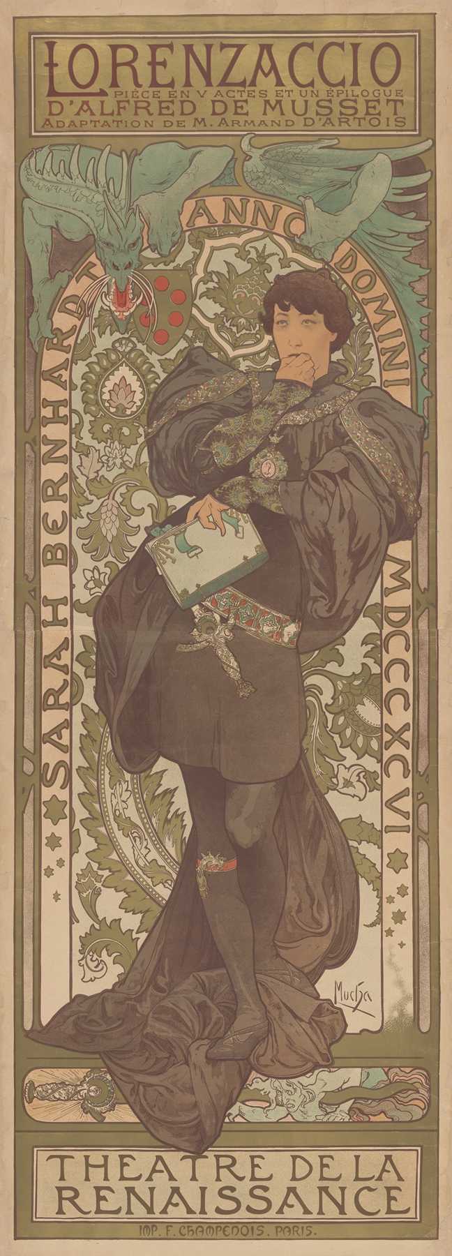 Art Nouveau poster showing Sarah Bernhardt in Renaissance costume—dark flowing robes and jeweled belt—holding a book and sword, set against a circular floral–foliate medallion and flanked by a winged dragon, with title “LORENZACCIO” above and “THÉÂTRE DE LA RENAISSANCE” below.