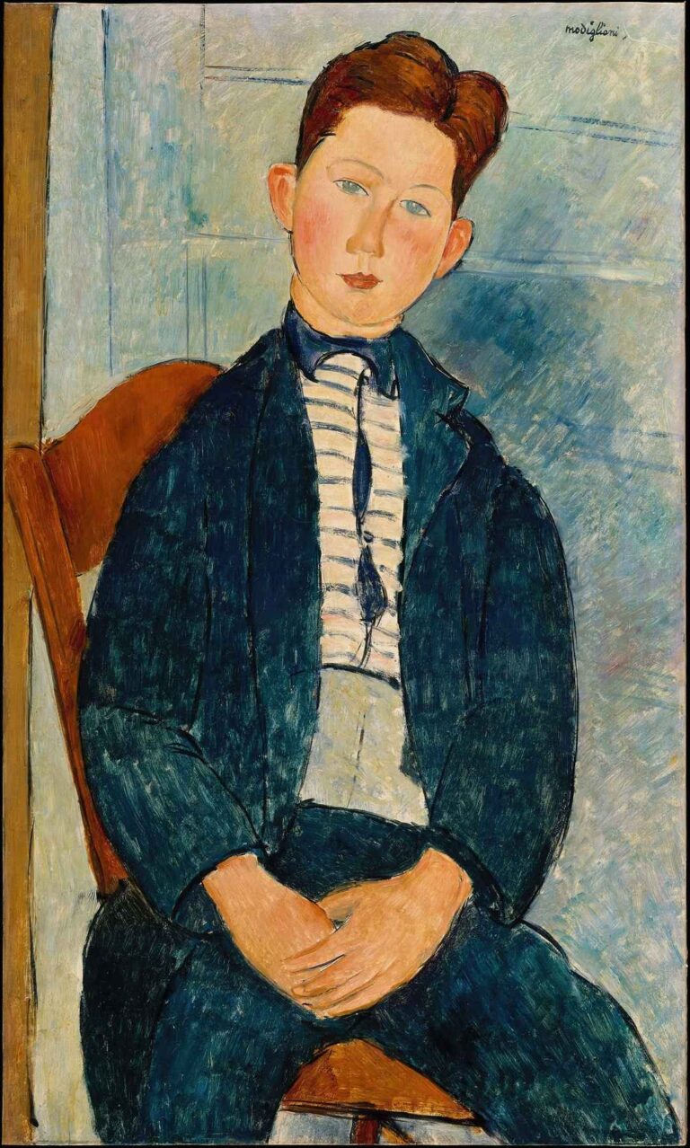 Amedeo Modigliani’s portrait of a seated boy wearing a navy striped sweater, his head slightly tilted and almond eyes gazing inward, set against a pale blue-gray background.
