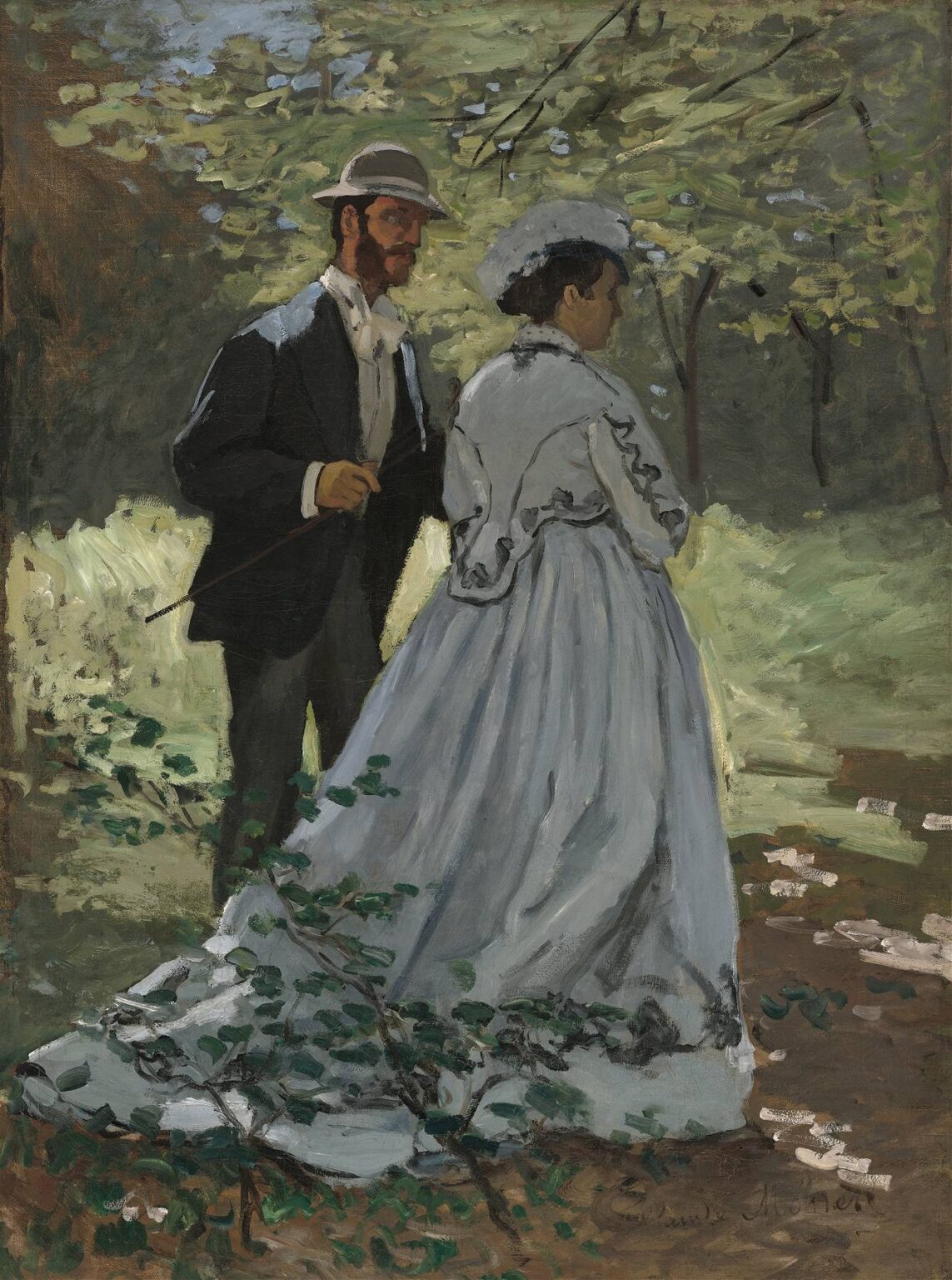 An early Impressionist painting by Claude Monet titled “Bazille and Camille”, depicting a man and a woman in a forest; the man stands behind the woman, who wears a flowing light dress, with dappled sunlight illuminating the foliage.