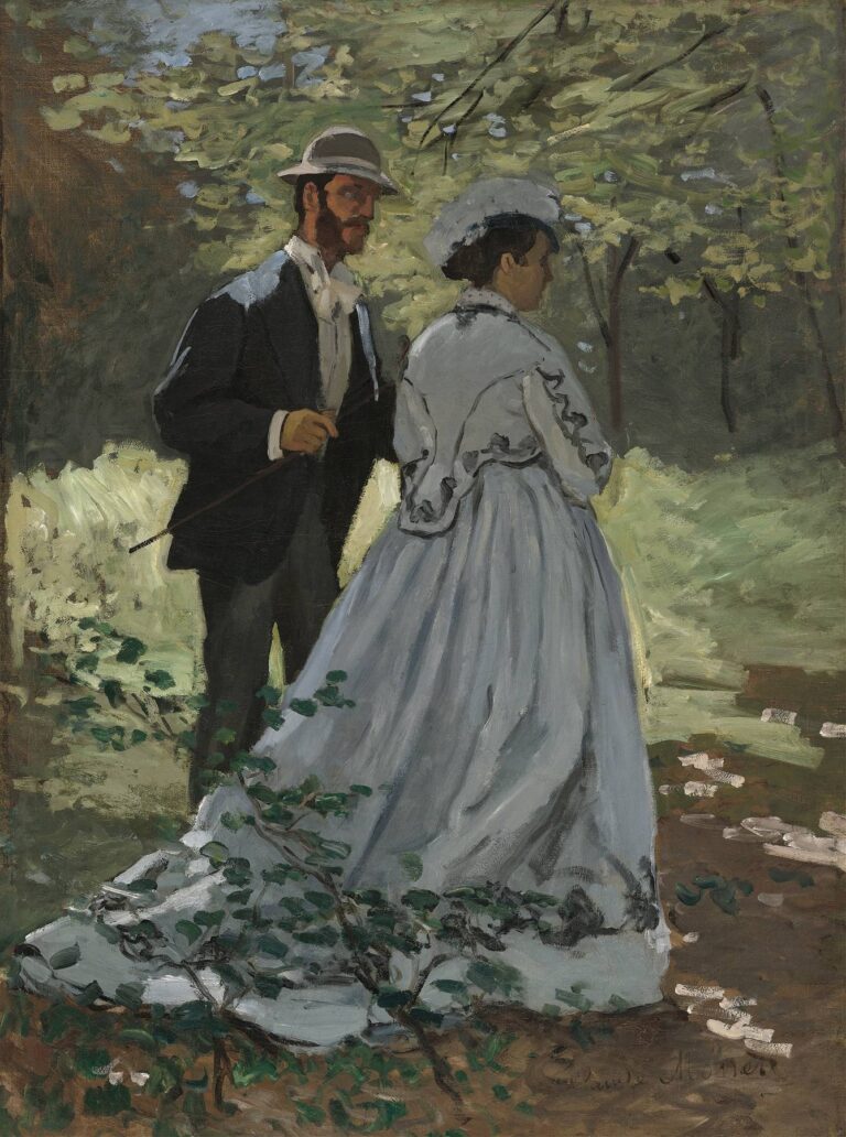 An early Impressionist painting by Claude Monet titled “Bazille and Camille”, depicting a man and a woman in a forest; the man stands behind the woman, who wears a flowing light dress, with dappled sunlight illuminating the foliage.