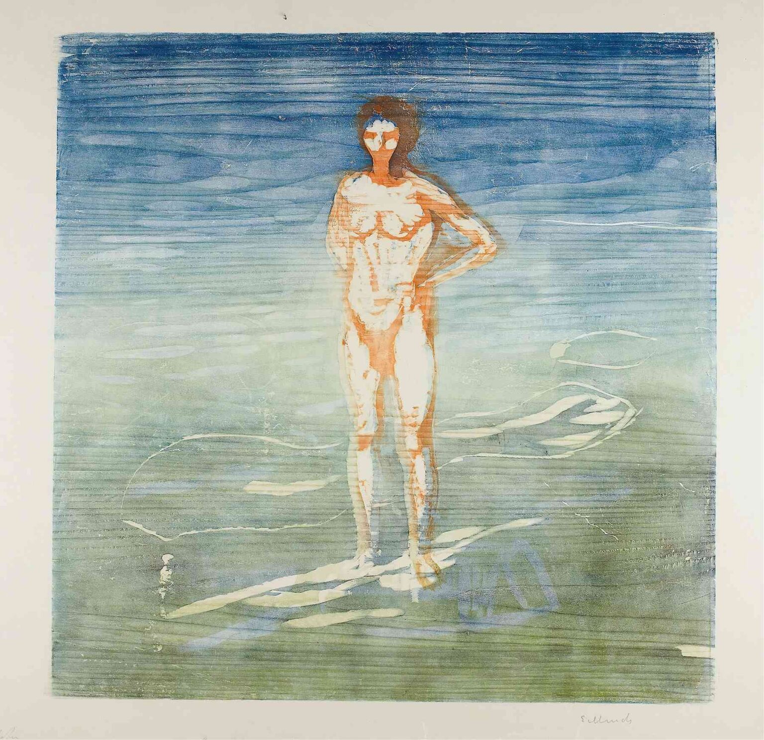 Edvard Munch’s “Man Bathing” (1899): a solitary nude male standing waist-deep in muted blue-green water beneath a twilight sky.