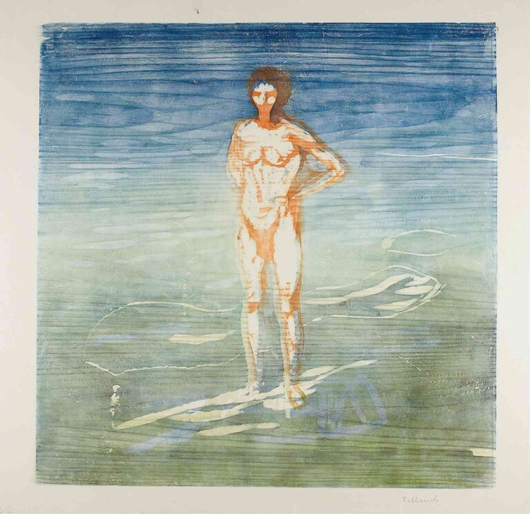 Edvard Munch’s “Man Bathing” (1899): a solitary nude male standing waist-deep in muted blue-green water beneath a twilight sky.