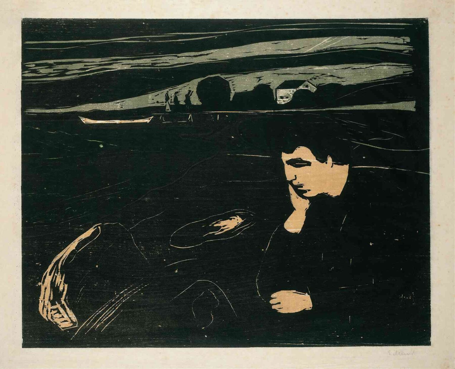 Edvard Munch’s “Melancholy III” (1899) woodcut: a solitary figure seated on a shoreline, head resting in hand, facing dark water with a small distant boat and undulating hills under a stark sky.