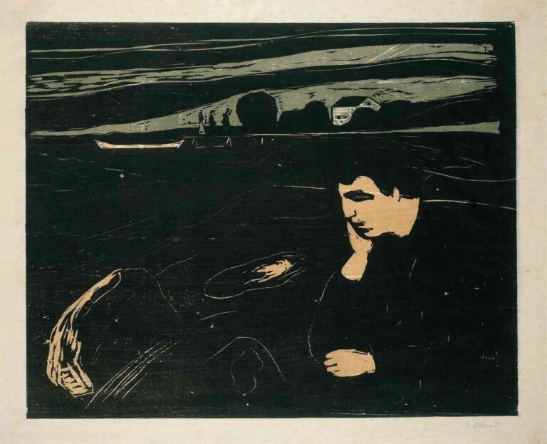 Edvard Munch’s “Melancholy III” (1899) woodcut: a solitary figure seated on a shoreline, head resting in hand, facing dark water with a small distant boat and undulating hills under a stark sky.
