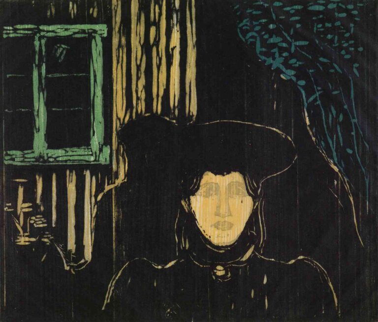 “Moonlight” (1896) by Edvard Munch: a woodcut showing a solitary, dark-clad figure seated against a wooden interior wall, gazing through a pale green-framed window at moonlit tree branches against a night sky.