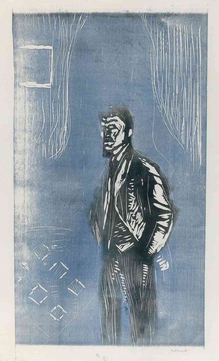 Edvard Munch’s Self-Portrait in Moonlight (1902) color woodcut shows the artist’s upper torso and face illuminated by pale moonlight through a window, set against a muted blue interior.