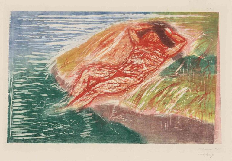 Edvard Munch’s “Sunbathing I” (1915) color woodcut depicts a reclining nude woman bathed in warm reds and oranges, set against cool green-blue water and sunlit grass.