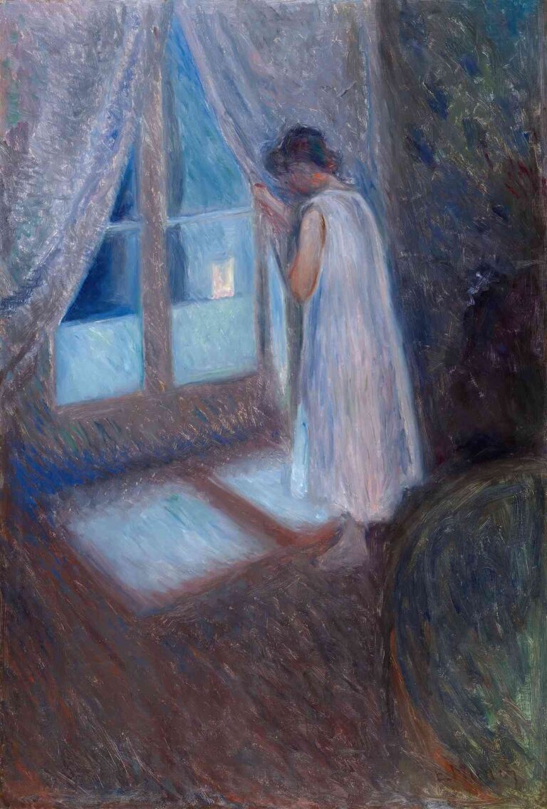 Edvard Munch’s “The Girl by the Window” (1893) depicts a young woman in a pale nightdress standing at a warmly lit interior window, gazing out toward a cool, moonlit landscape of water and sky.