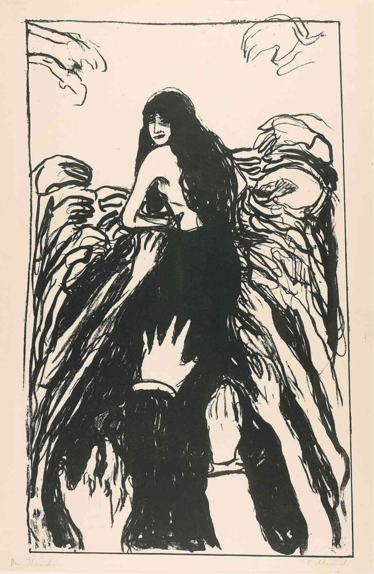 Edvard Munch’s “The Hands” (1895) woodcut: a nude female figure seen from behind and slightly turned, surrounded by dozens of disembodied, grasping hands on a pale background.