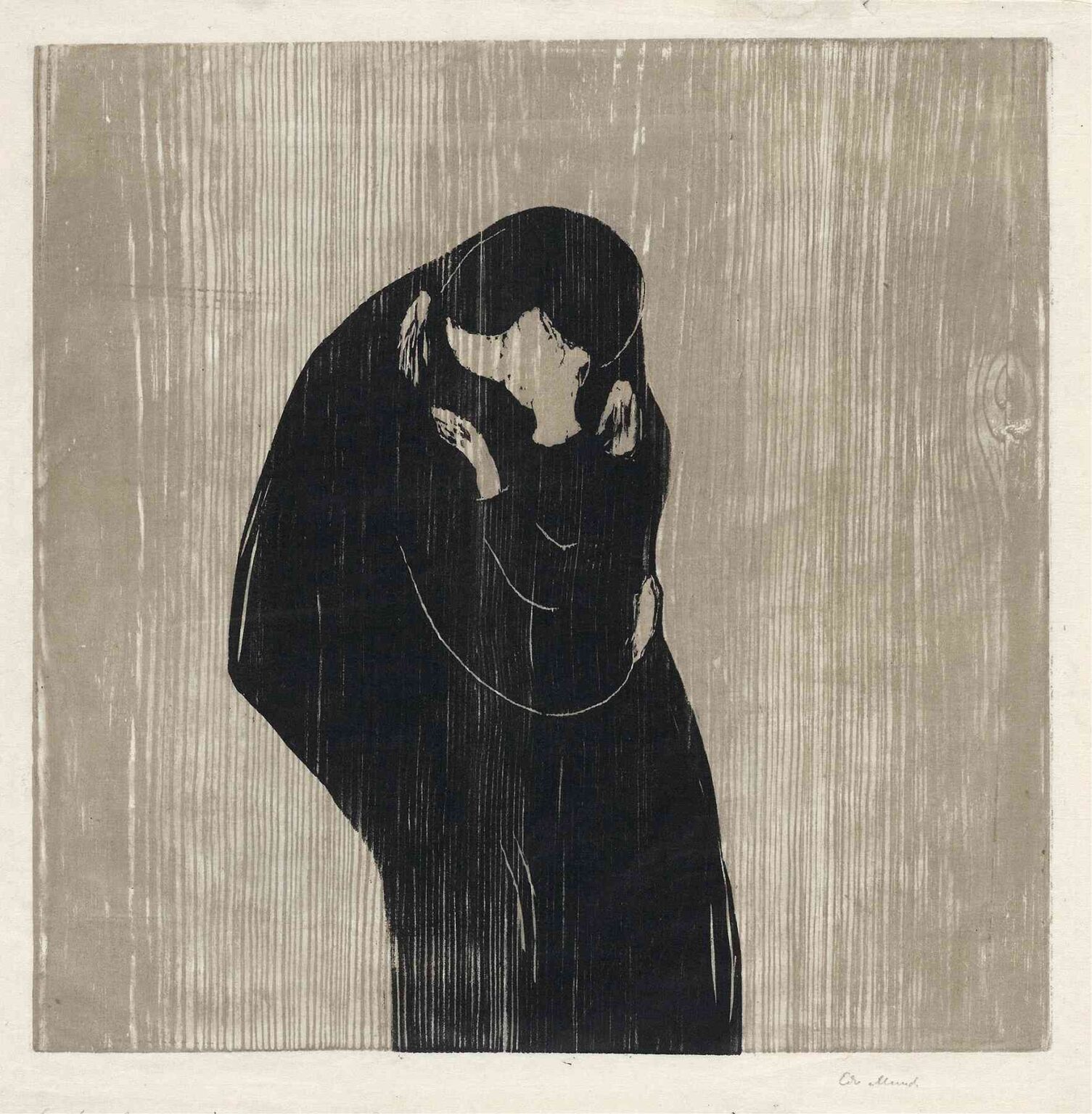 Edvard Munch’s The Kiss IV (1902) color woodcut depicting two lovers enveloped in a dark cloak, their featureless faces merging in a pale glow against a softly colored, abstract background.