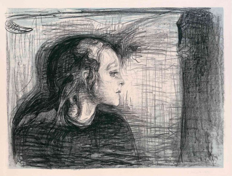 Edvard Munch’s The Sick Child I (1896): a pastel and pencil image of a frail young girl lying in bed, her pale face turned upward, as her grief-stricken mother leans over against a softly lit, minimal interior.