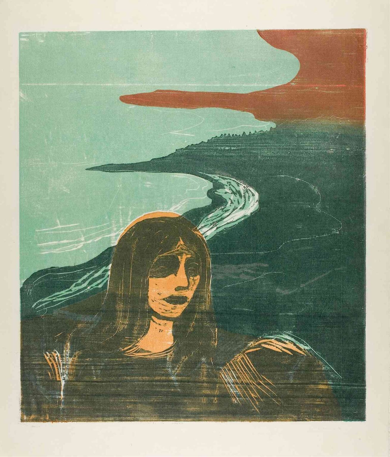 “Munch’s color woodcut ‘Woman’s Head against the Shore’ (1899) depicts a solitary woman’s ochre-toned head and shoulders in the foreground, her gaze turned toward a curving green shoreline and pale turquoise sea beneath a strip of red-orange sky.”