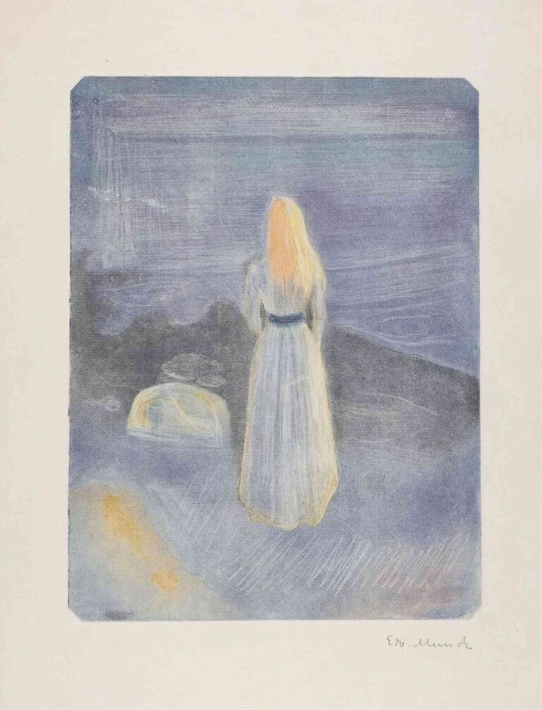 Edvard Munch’s woodcut Young Woman on the Beach (1896) shows a lone woman in a pale gown standing waist-deep at a twilight shoreline, her back to the viewer and a dark horizon behind her.