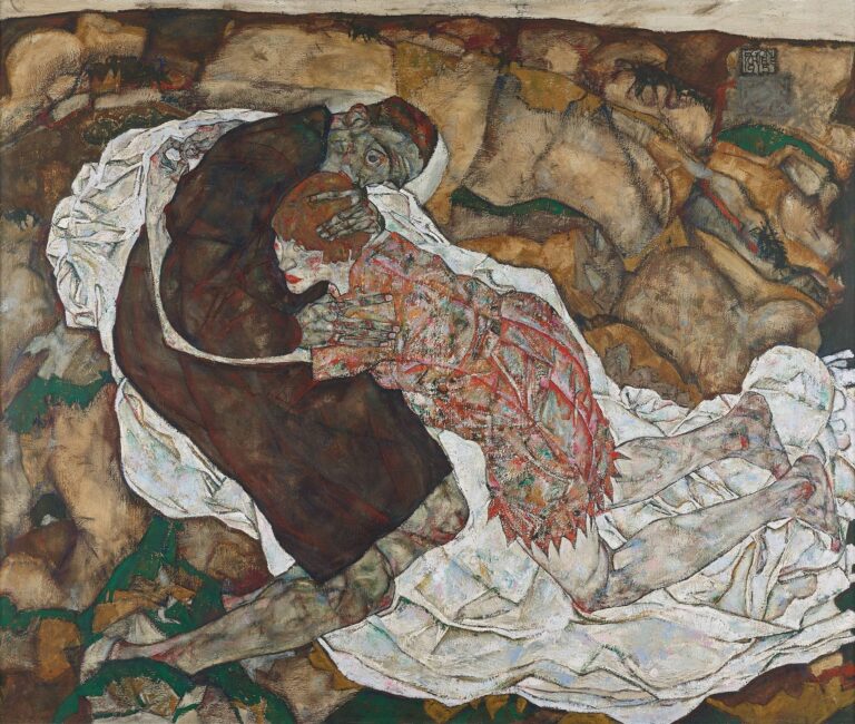 A dramatic painting by Egon Schiele titled “Death and the Girl” showing a woman clinging to a cloaked, skeletal male figure as they kneel on white sheets, set against a dark, abstract background symbolizing death and intimacy.