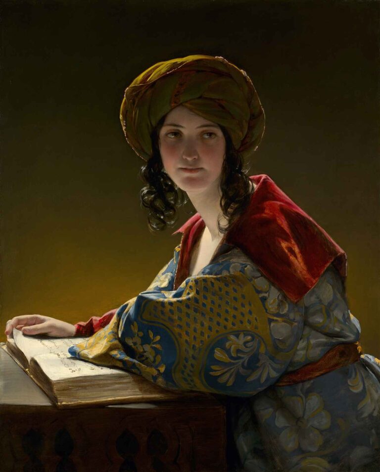 A Romantic-era portrait by Friedrich von Amerling of a young woman in Eastern-style dress, seated beside an open book, lit dramatically against a dark background.
