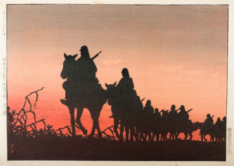 A group of silhouetted warriors on horseback travel at sunset, bathed in warm red light, in the Japanese woodblock print The Red Setting Sun by Kawase Hasui.