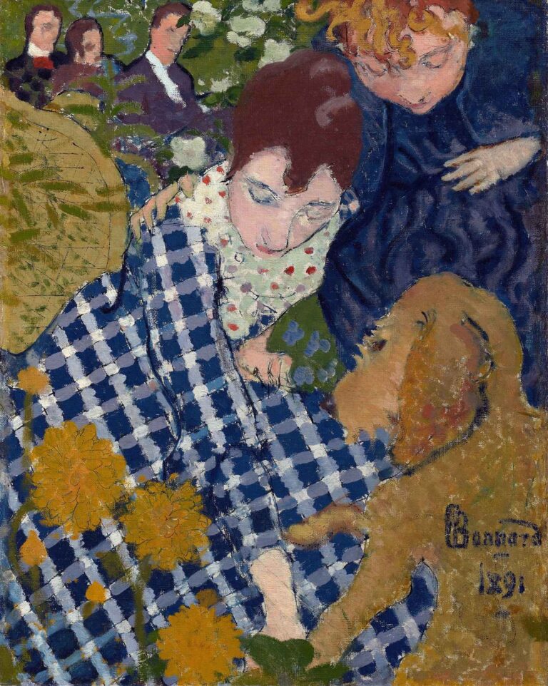 Two women in blue dresses lean over a small shaggy dog amid yellow chrysanthemums and leafy greenery, with two shadowy figures seated behind them.
