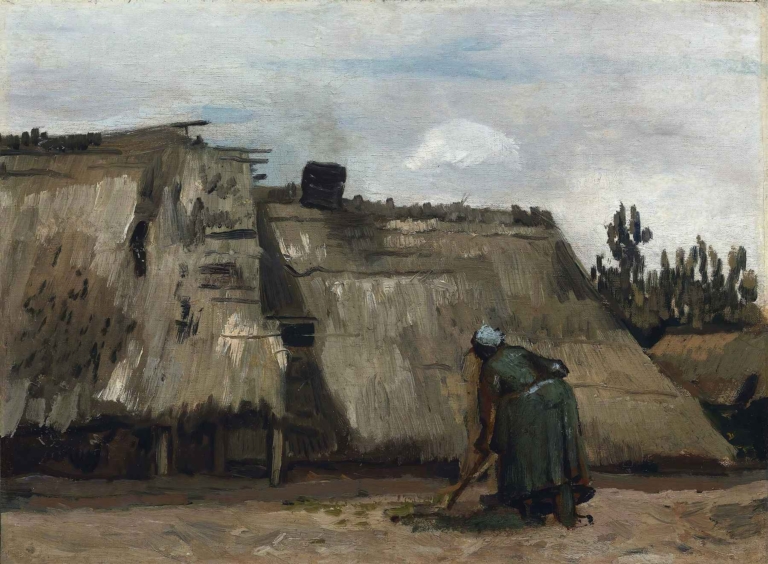 A peasant woman in dark clothing bends forward while digging in front of a thatched cottage, painted in earthy tones by Vincent van Gogh.