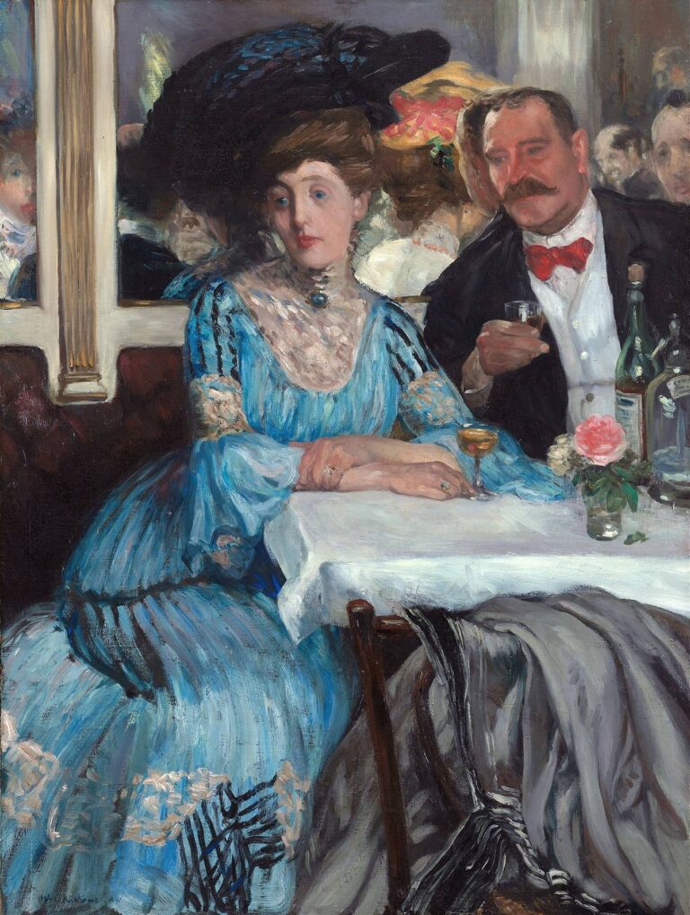 A painting of a fashionable woman in a blue gown seated at a white tablecloth-covered restaurant table beside a man in formal evening wear, set in a lively New York restaurant with a mirror reflecting background patrons, titled “At Mouquin’s” by William Glackens.