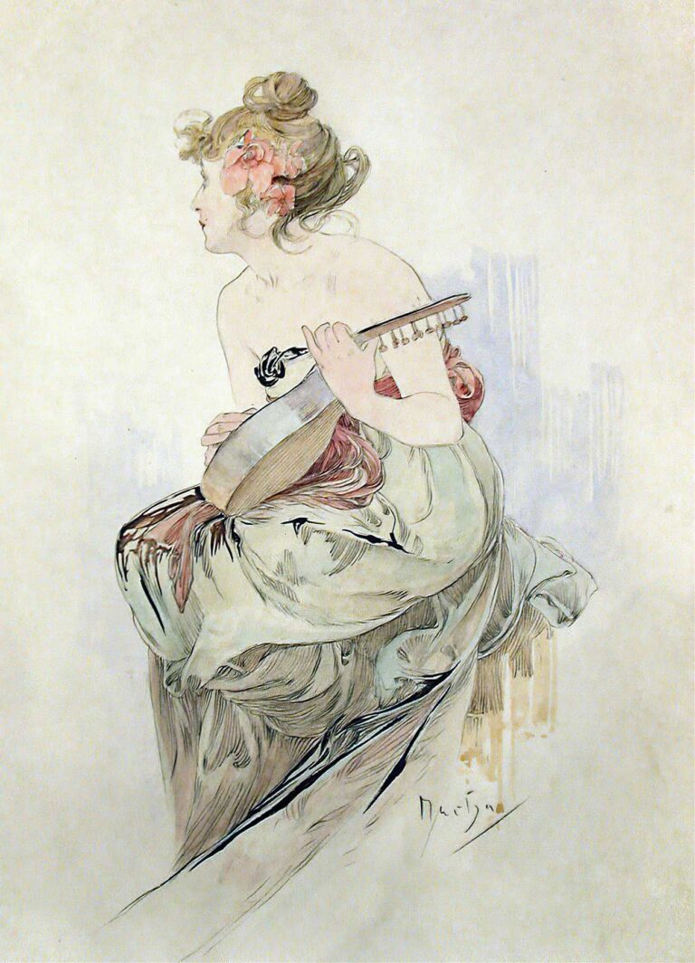 Art Nouveau watercolor showing a seated young woman in a flowing pale green skirt and bare shoulders, turned in profile to the left as she holds a lute; her hair is pinned up with pink blossoms, set against a soft cream background.