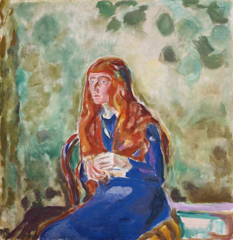 Edvard Munch’s Portrait of Käte Perls (1913) oil painting shows a seated young woman with long red hair and clasped hands, wearing a blue dress, set against an abstract green and grey interior.