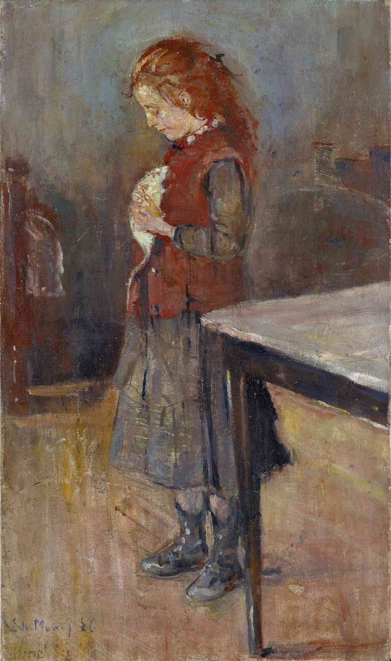 Edvard Munch’s Redhaired Girl With White Rat (1886) depicts a young red-haired girl standing indoors, wearing a red vest and gray skirt, tenderly cradling a white rat against her chest next to a simple wooden table.